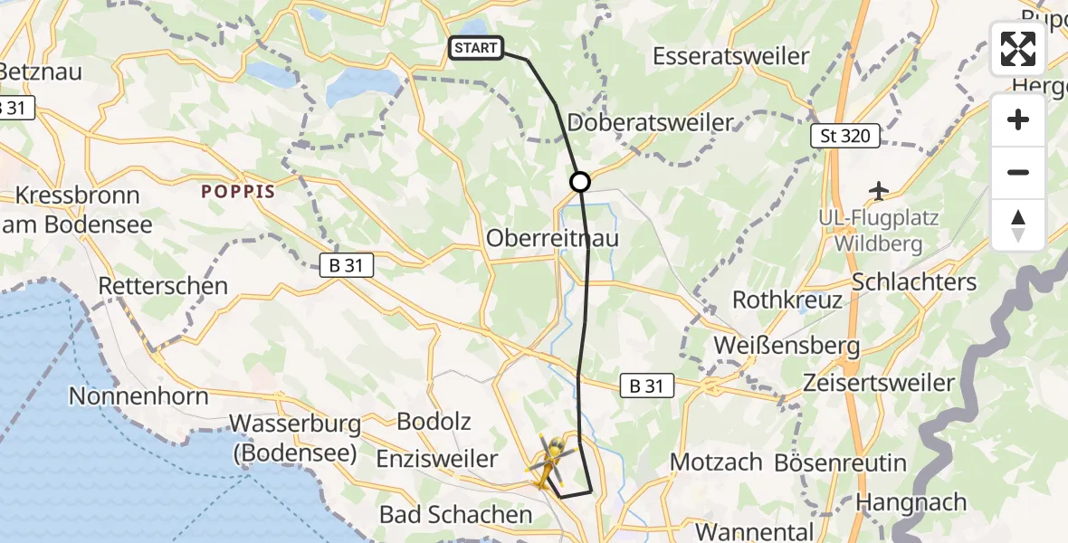 Flugroute Rettungshubschrauber Tettnang - Lindau (Bodensee), 21 August 2026, 06:38