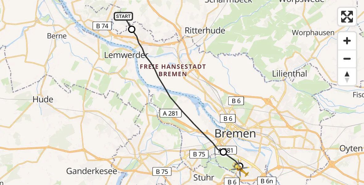 Flugroute Rettungshubschrauber Schwanewede - ADAC Air Rescue Station Bremen Hubschrauberlandeplatz (Christoph 6), 21 August 2026, 06:40