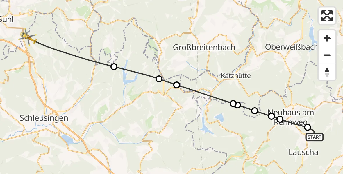 Flugroute Rettungshubschrauber Lauscha - Schleusingen, 21 August 2026, 06:46