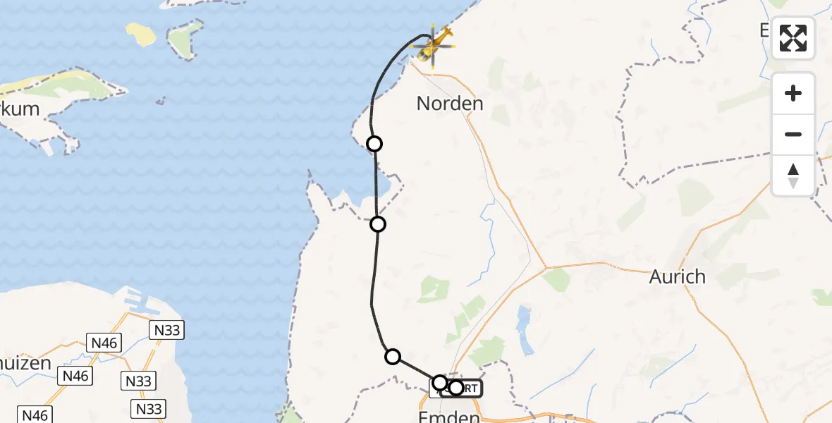 Flugroute Ambulanzhubschrauber Emden Flughafen - Norden-Norddeich Flughafen, 21 August 2026, 06:58