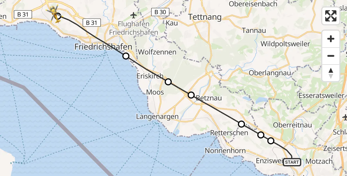 Flugroute Rettungshubschrauber Lindau (Bodensee) - Friedrichshafen Hospital, 21 August 2026, 07:07