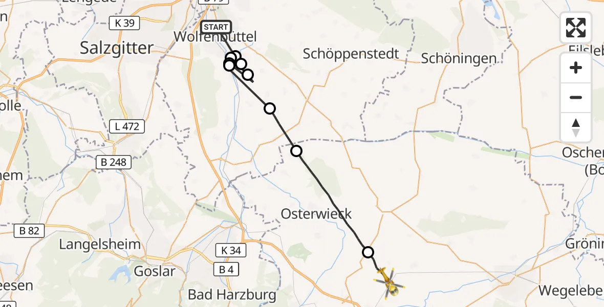 Flugroute Rettungshubschrauber Wolfenbüttel - Nordharz, 21 August 2026, 07:08