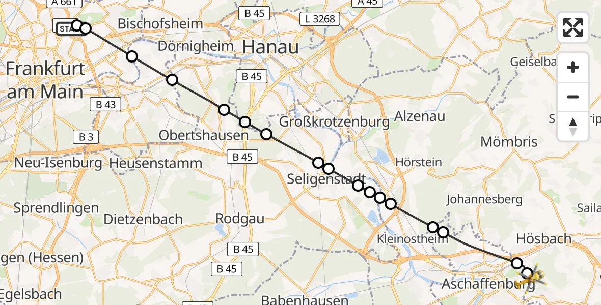 Flugroute Rettungshubschrauber Frankfurt am Main Accident Hospital Roof Helipad (CHX2) - Aschaffenburg Hospital, 21 August 2026, 07:16