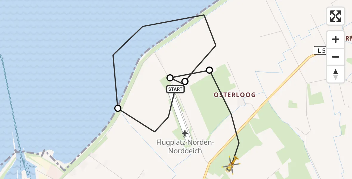 Flugroute Ambulanzhubschrauber Norden-Norddeich Flughafen - Norden, 21 August 2026, 07:16