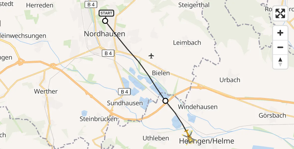 Flugroute Rettungshubschrauber Südharz Hospital Nordhausen - Heringen/Helme, 21 August 2026, 07:23