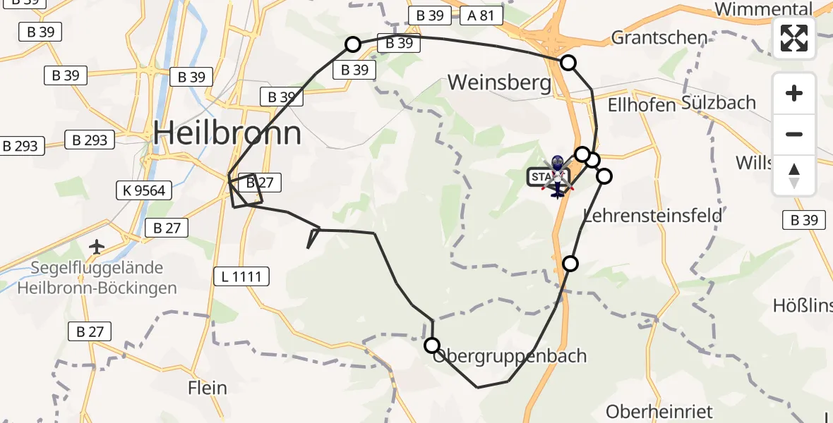 Flugroute Polizeihubschrauber Weinsberg - Weinsberg, 21 August 2026, 07:26