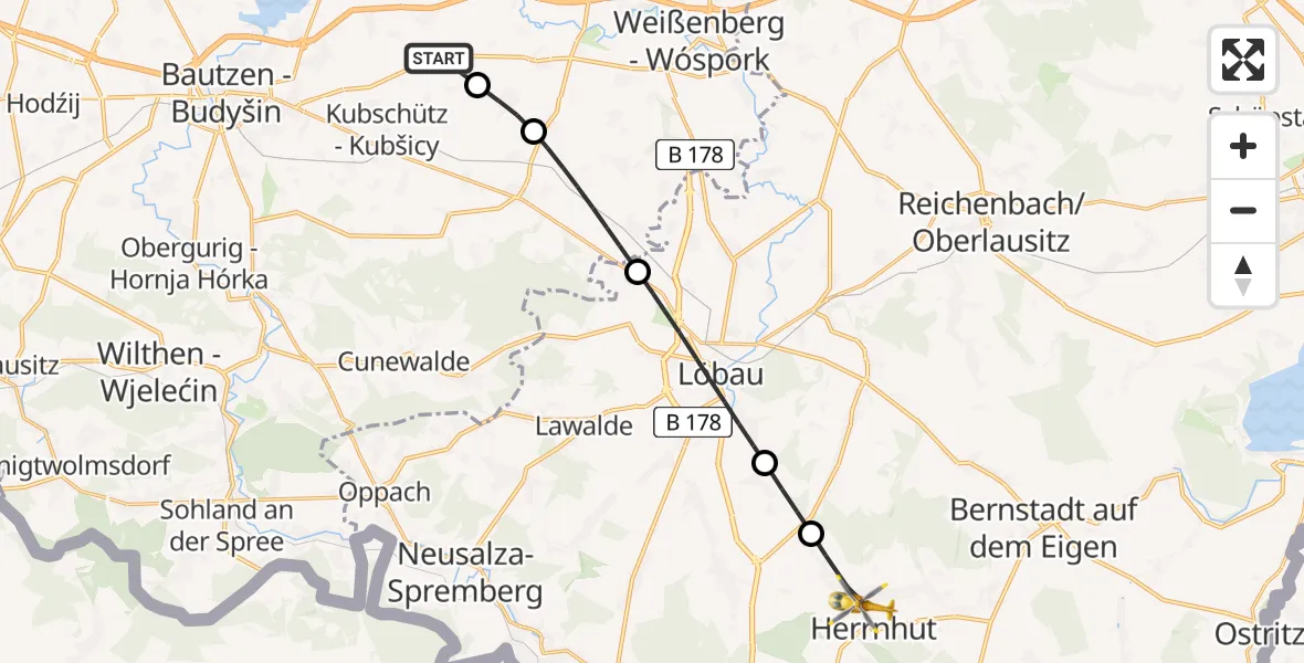 Flugroute Rettungshubschrauber Kubschütz - Herrnhut, 21 August 2026, 07:41