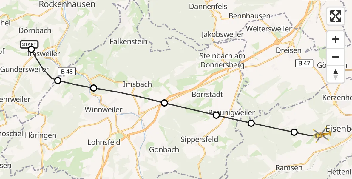 Flugroute Rettungshubschrauber Rockenhausen - Eisenberg (Pfalz), 21 August 2026, 07:49