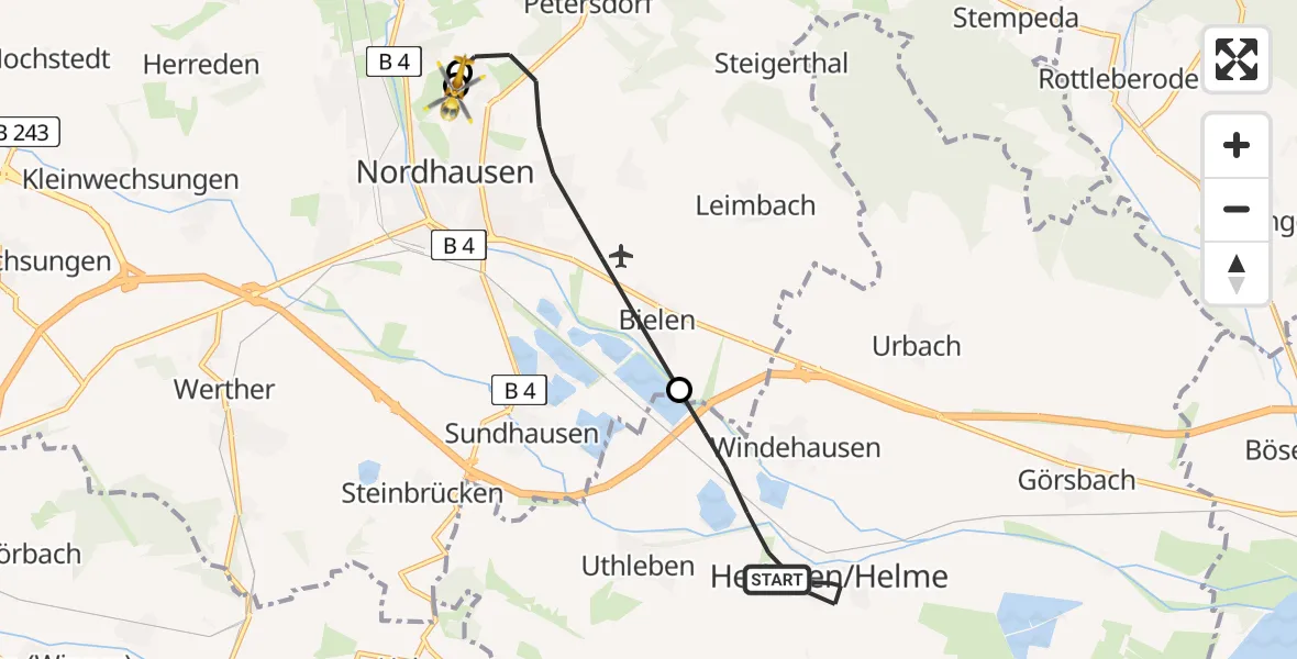 Flugroute Rettungshubschrauber Heringen/Helme - Südharz Hospital Nordhausen, 21 August 2026, 07:50