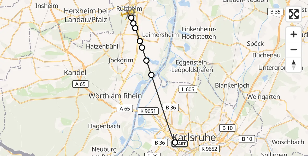 Flugroute Ambulanzhubschrauber Sankt Vincentius Hospital - Rülzheim, 21 August 2026, 08:06