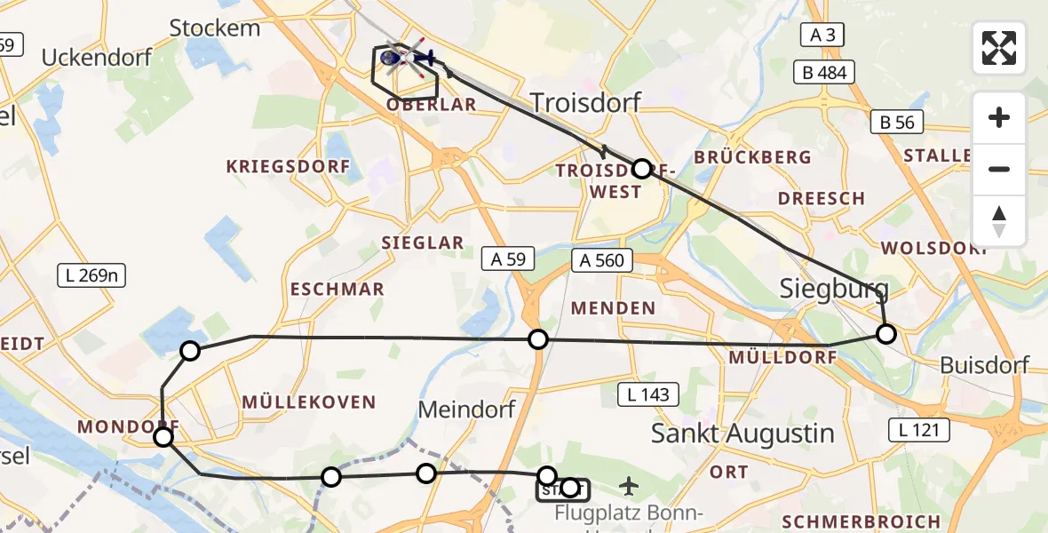 Flugroute Polizeihubschrauber Sankt Augustin - Troisdorf, 21 August 2026, 08:09