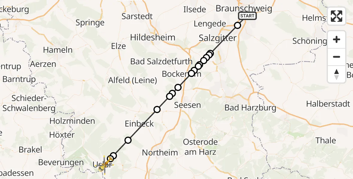 Flugroute Rettungshubschrauber Braunschweig - Uslar, 21 August 2026, 08:10