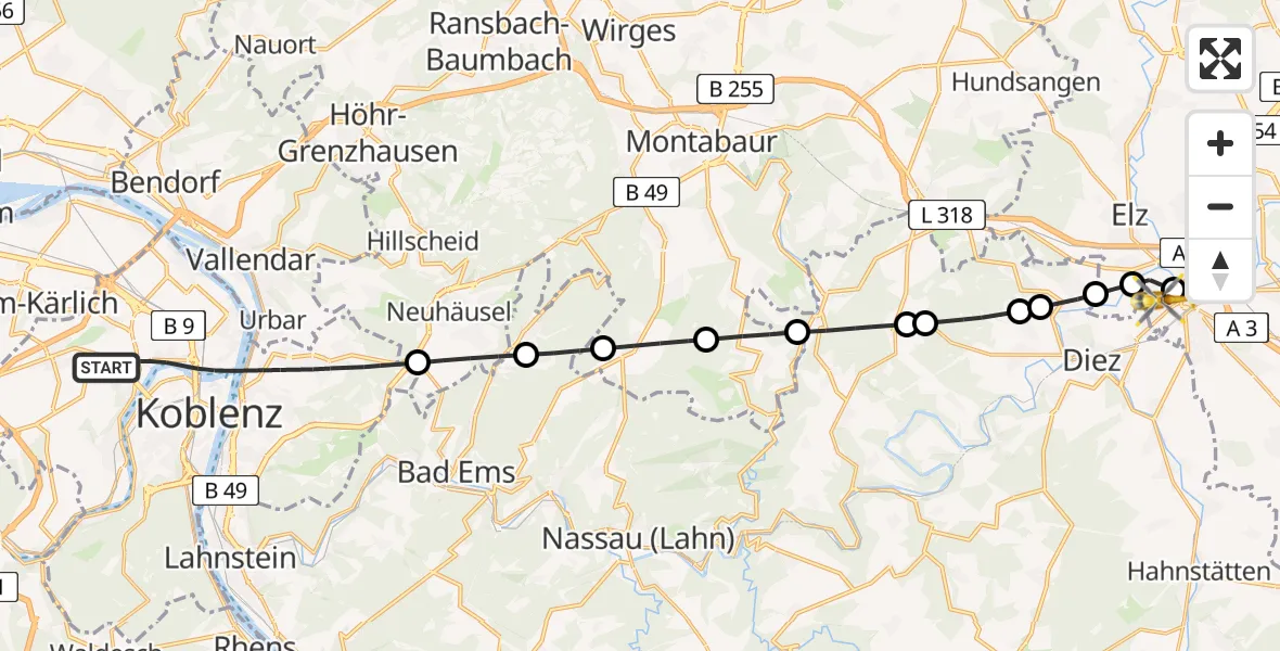 Flugroute Rettungshubschrauber Koblenz - Saint Vincent Hospital Limburg, 21 August 2026, 08:16