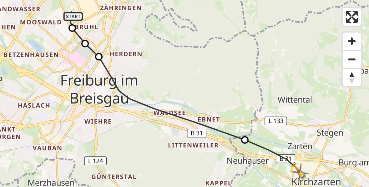 Flugroute Ambulanzhubschrauber Freiburg im Breisgau Flugplatz - Kirchzarten, 21 August 2026, 08:17