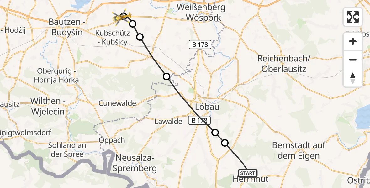 Flugroute Rettungshubschrauber Herrnhut - Bautzen Flugplatz, 21 August 2026, 08:21
