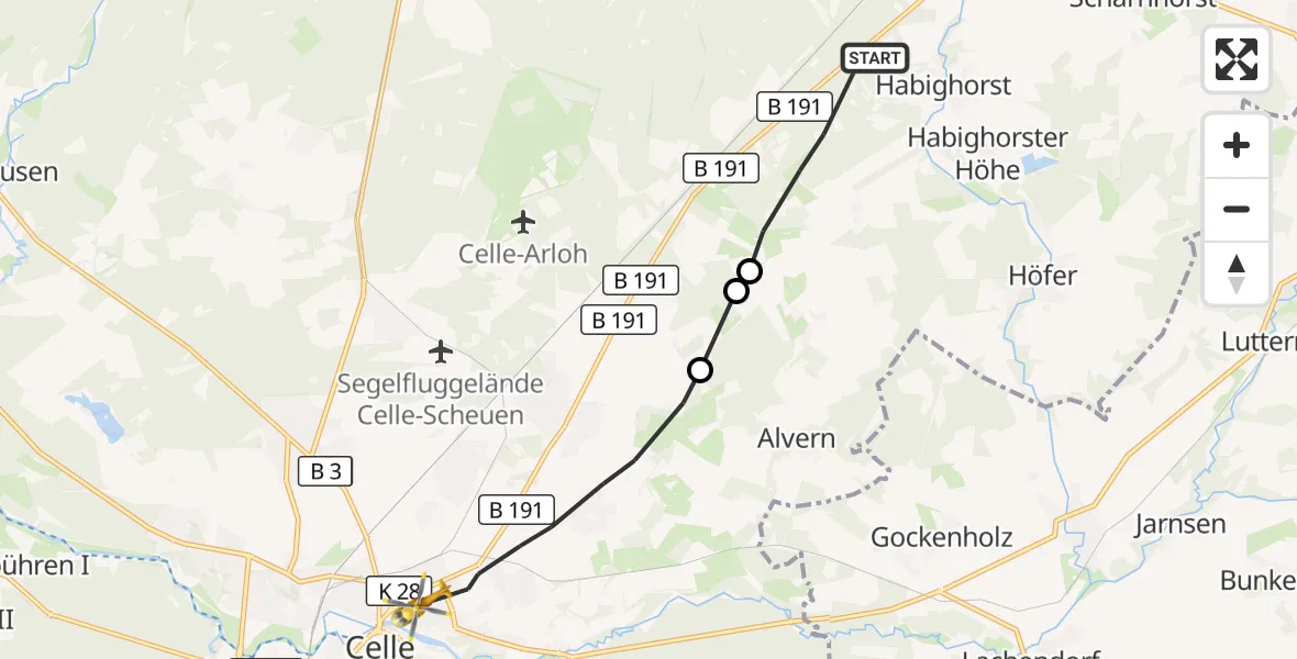 Flugroute Rettungshubschrauber Eschede - Celle, 21 August 2026, 08:32