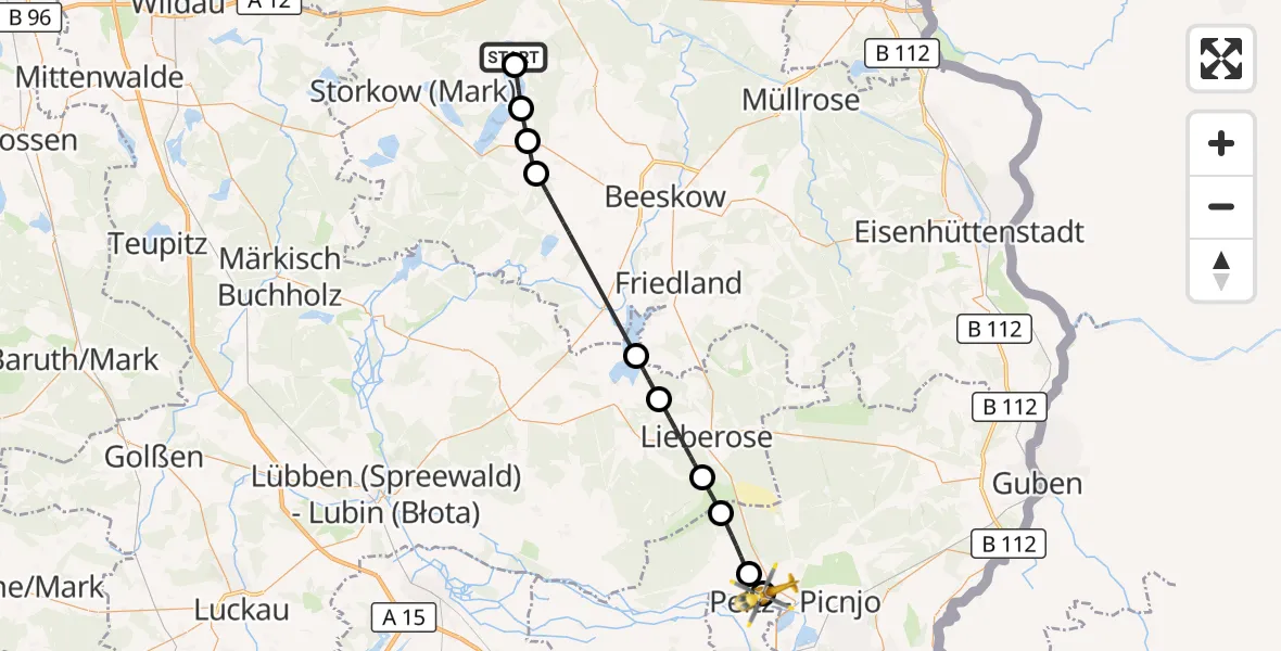 Flugroute Rettungshubschrauber Bad Saarow Hospital - Turnow-Preilack, 21 August 2026, 08:33