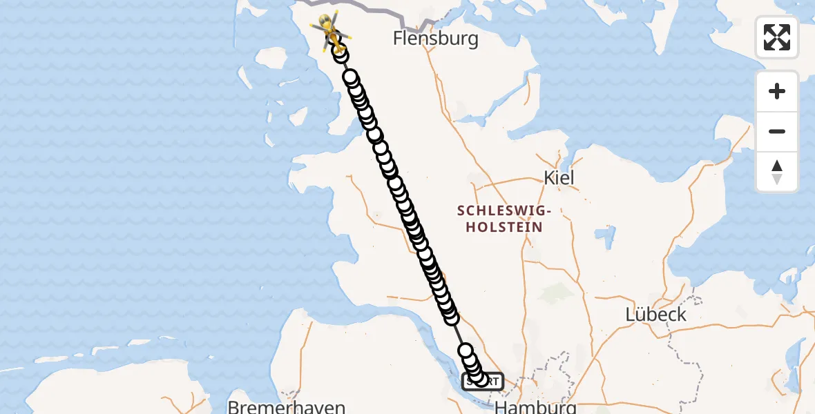 Flugroute Ambulanzhubschrauber Uetersen-Heist Flugplatz - Niebüll, 21 August 2026, 08:33