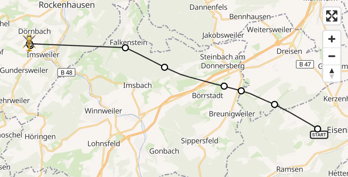 Flugroute Rettungshubschrauber Eisenberg (Pfalz) - Rockenhausen, 21 August 2026, 08:33