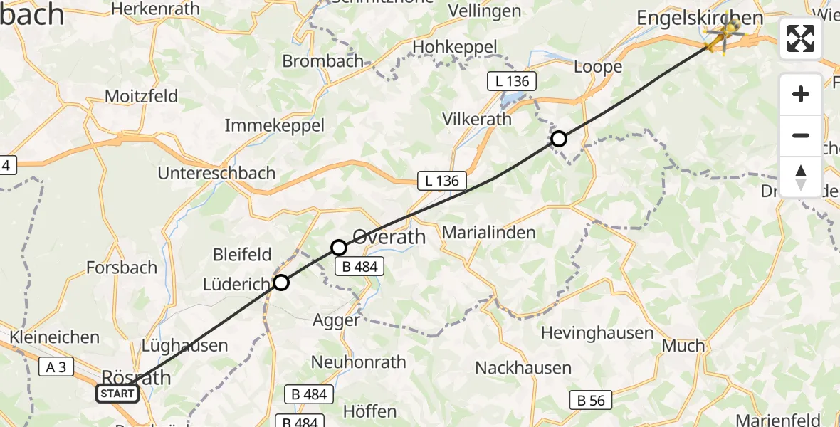 Flugroute Rettungshubschrauber Rösrath - Engelskirchen, 21 August 2026, 08:40