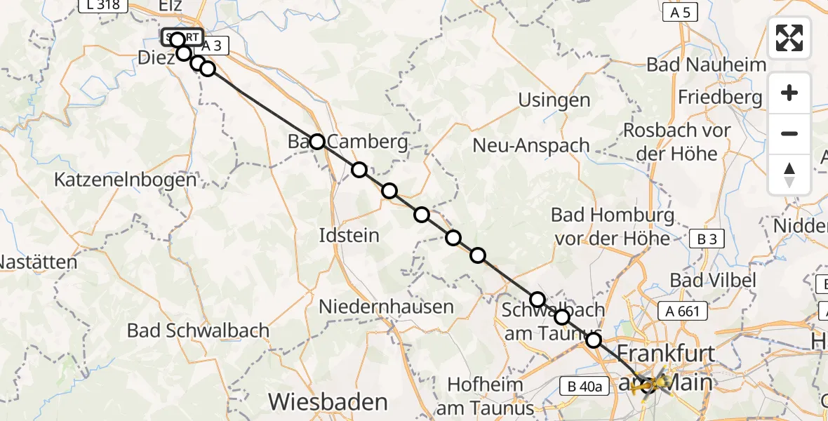 Flugroute Rettungshubschrauber Saint Vincent Hospital Limburg - Frankfurt University Hospital, 21 August 2026, 08:48