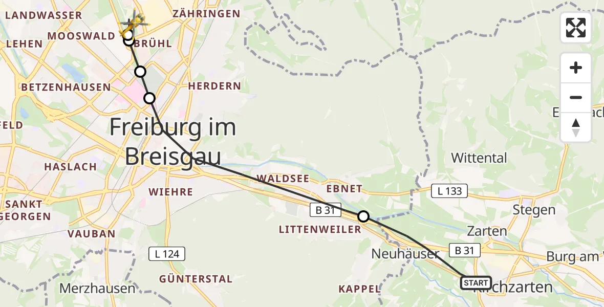 Flugroute Ambulanzhubschrauber Kirchzarten - Freiburg im Breisgau Flugplatz, 21 August 2026, 08:51