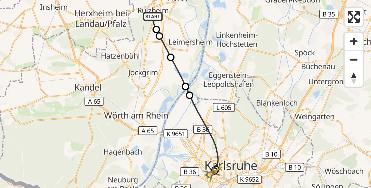 Flugroute Ambulanzhubschrauber Rülzheim - Sankt Vincentius Hospital, 21 August 2026, 08:51