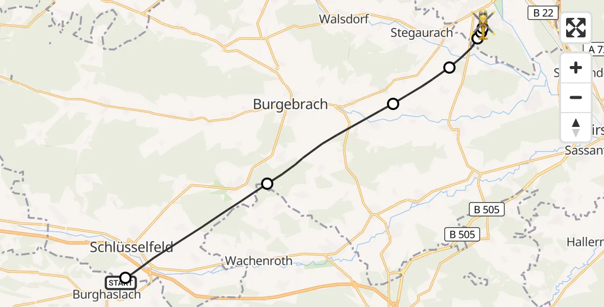 Flugroute Rettungshubschrauber Burghaslach - Bamberg Hospital, 21 August 2026, 08:52