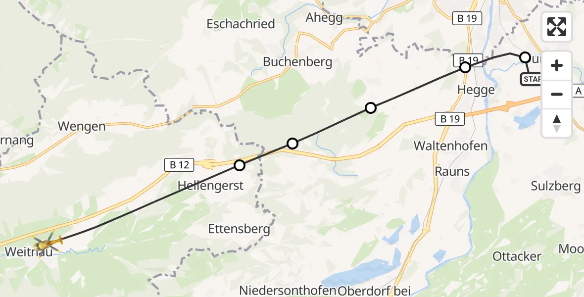 Flugroute Rettungshubschrauber Kempten-Durach Flugplatz - Weitnau, 21 August 2026, 09:00