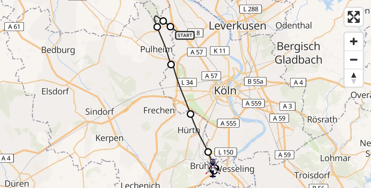 Flugroute Polizeihubschrauber Köln - Brühl, 21 August 2026, 09:16