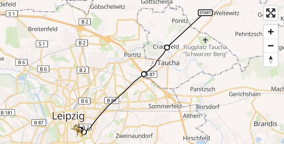 Flugroute Rettungshubschrauber Jesewitz - Leipzig University Hospital Heliport 1, 21 August 2026, 09:18