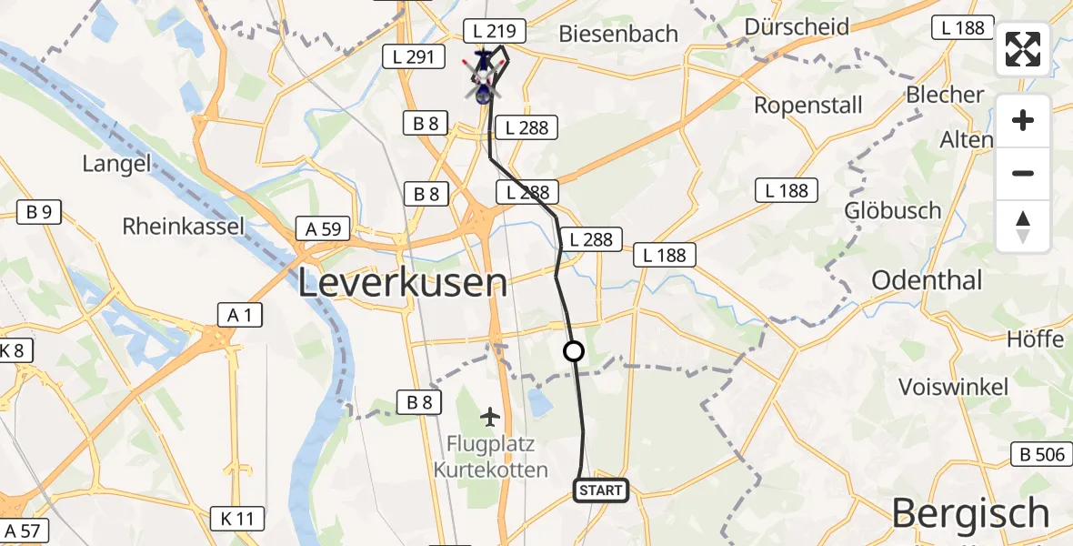 Flugroute Polizeihubschrauber Köln - Leverkusen, 21 August 2026, 09:25