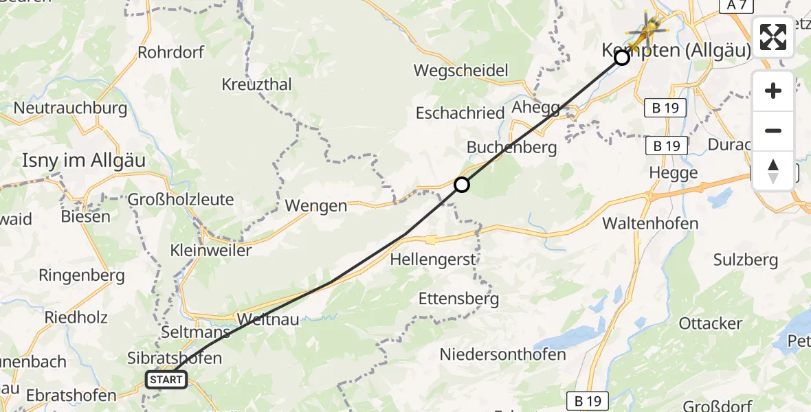 Flugroute Rettungshubschrauber Weitnau - Kempten (Allgäu), 21 August 2026, 09:29