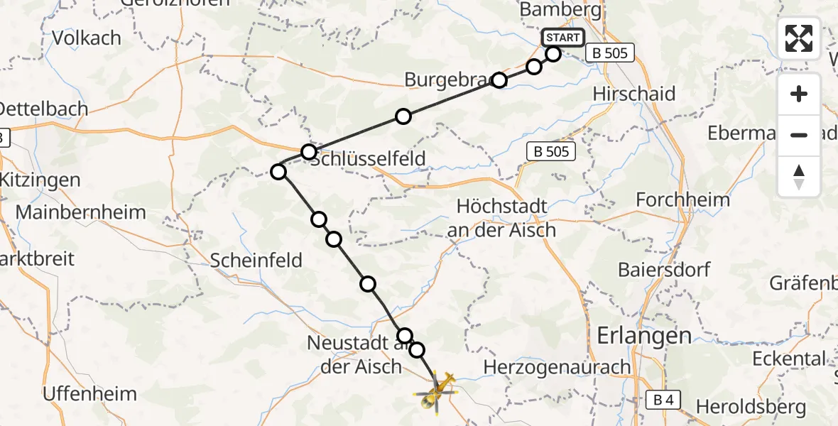 Flugroute Rettungshubschrauber Bamberg Hospital - Emskirchen, 21 August 2026, 09:41