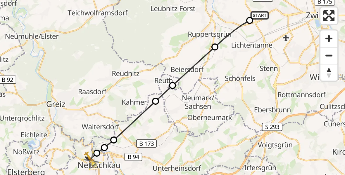 Flugroute Rettungshubschrauber ADAC Air Rescue Station Zwickau Hubschrauberlandeplatz - Netzschkau, 21 August 2026, 09:41