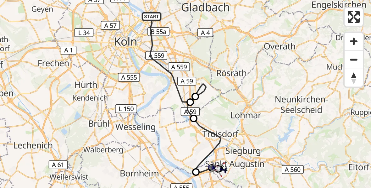 Flugroute Polizeihubschrauber Köln - Sankt Augustin, 21 August 2026, 09:41