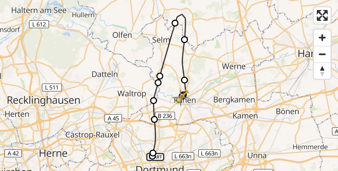 Flugroute Ambulanzhubschrauber Dortmund Hospital North - Sankt Marien Hospital, 21 August 2026, 09:46