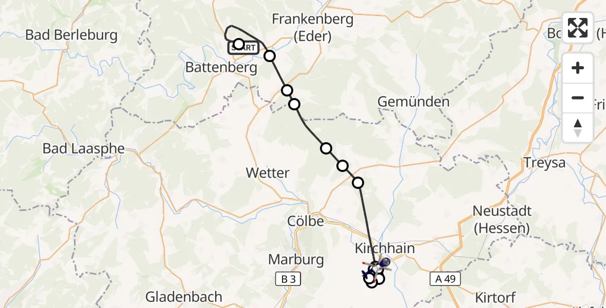 Flugroute Polizeihubschrauber Allendorf-Eder Flugplatz - Amöneburg, 21 August 2026, 09:49
