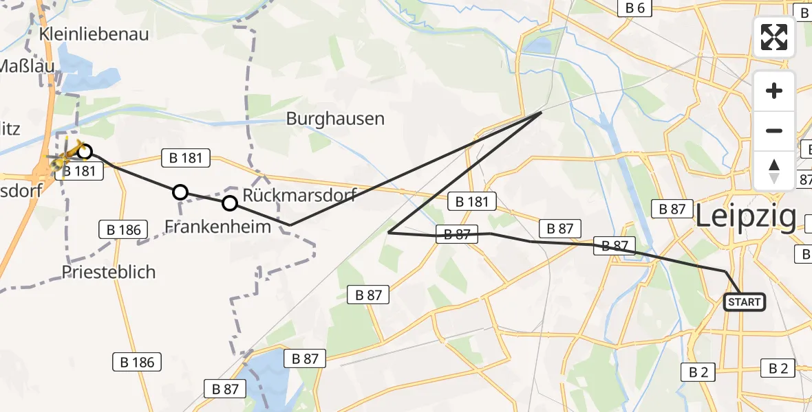 Flugroute Rettungshubschrauber Leipzig - ADAC Air Rescue Station Leipzig/Schkeuditz-Dölzig Hubschrauberlandeplatz (Christoph 61), 21 August 2026, 09:51