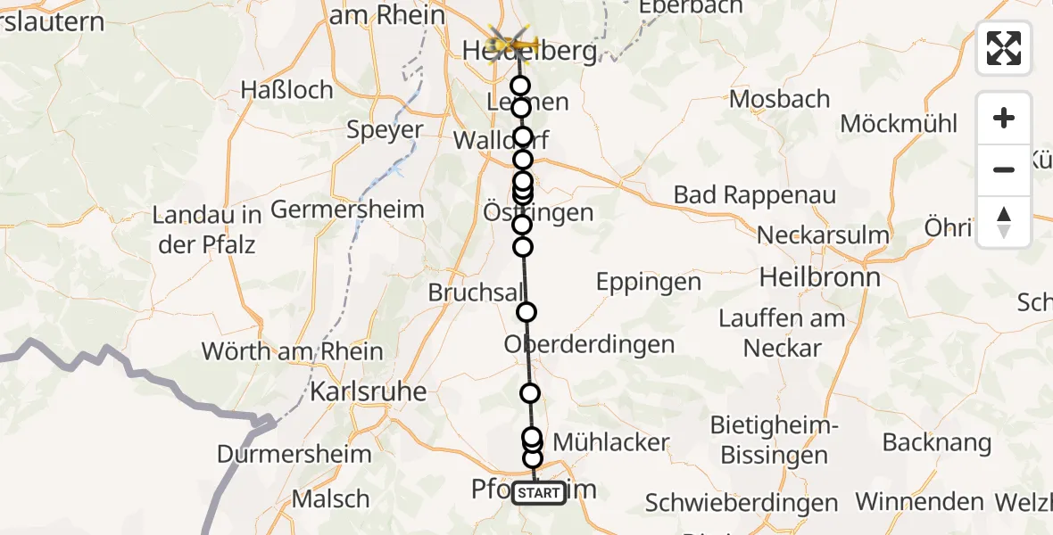 Flugroute Rettungshubschrauber Pforzheim - Heidelberg, 21 August 2026, 09:55