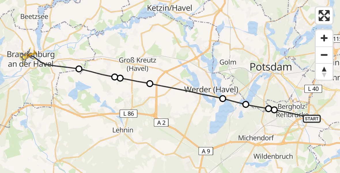 Flugroute Rettungshubschrauber Nuthetal - Brandenburg an der Havel, 21 August 2026, 10:03