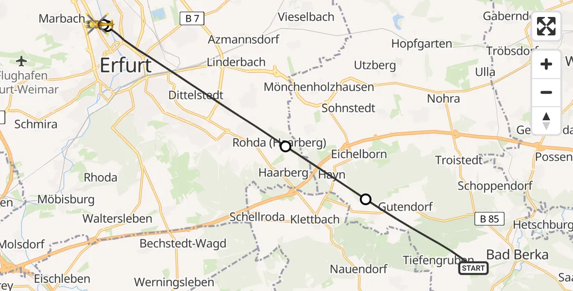 Flugroute Ambulanzhubschrauber Bad Berka - Helios Clinic Erfurt, 21 August 2026, 10:05