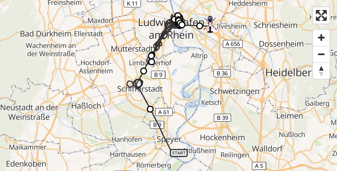 Flugroute Polizeihubschrauber Speyer - Mannheim-City Flughafen, 21 August 2026, 10:12