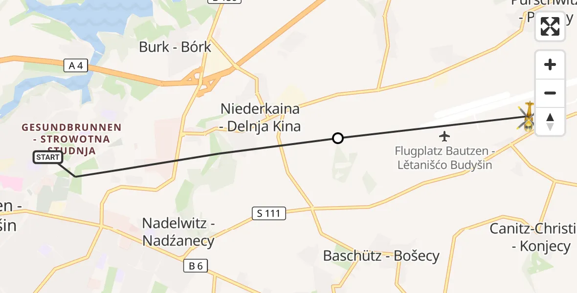 Flugroute Rettungshubschrauber Bautzen - Bautzen Flugplatz, 21 August 2026, 10:12