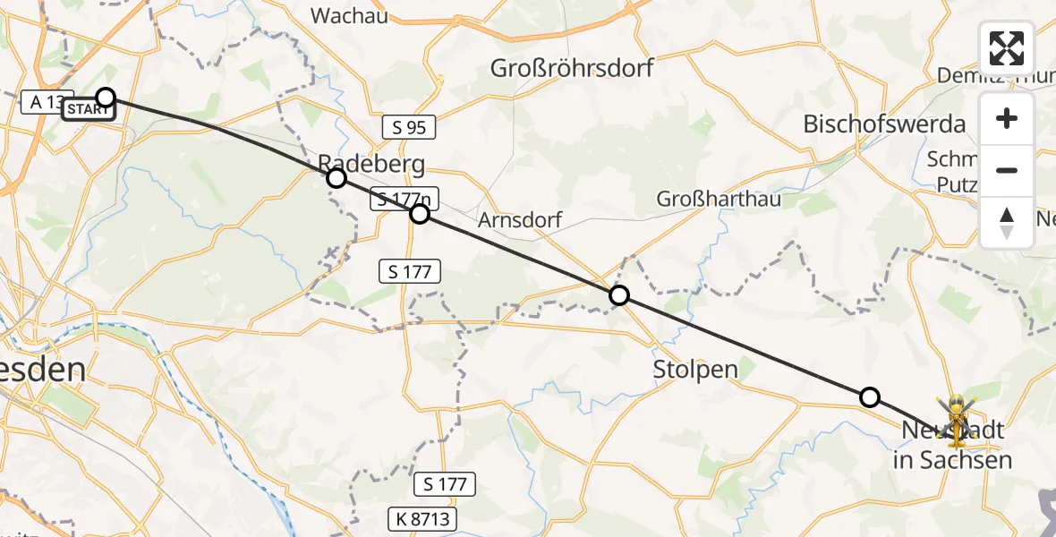 Flugroute Rettungshubschrauber Dresden Bundespolizei Hubschrauberlandeplatz - Neustadt in Sachsen, 21 August 2026, 10:20