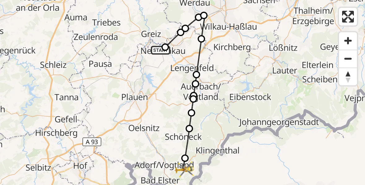 Flugroute Rettungshubschrauber Netzschkau - Markneukirchen, 21 August 2026, 10:26