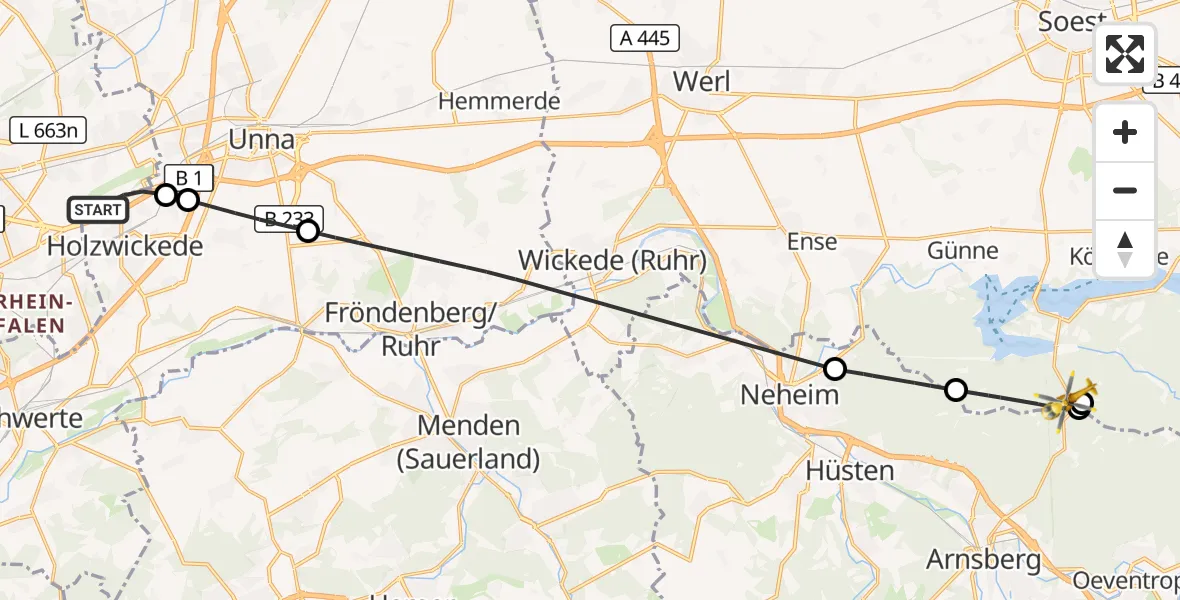 Flugroute Rettungshubschrauber Dortmund Flughafen - Möhnesee, 21 August 2026, 10:28
