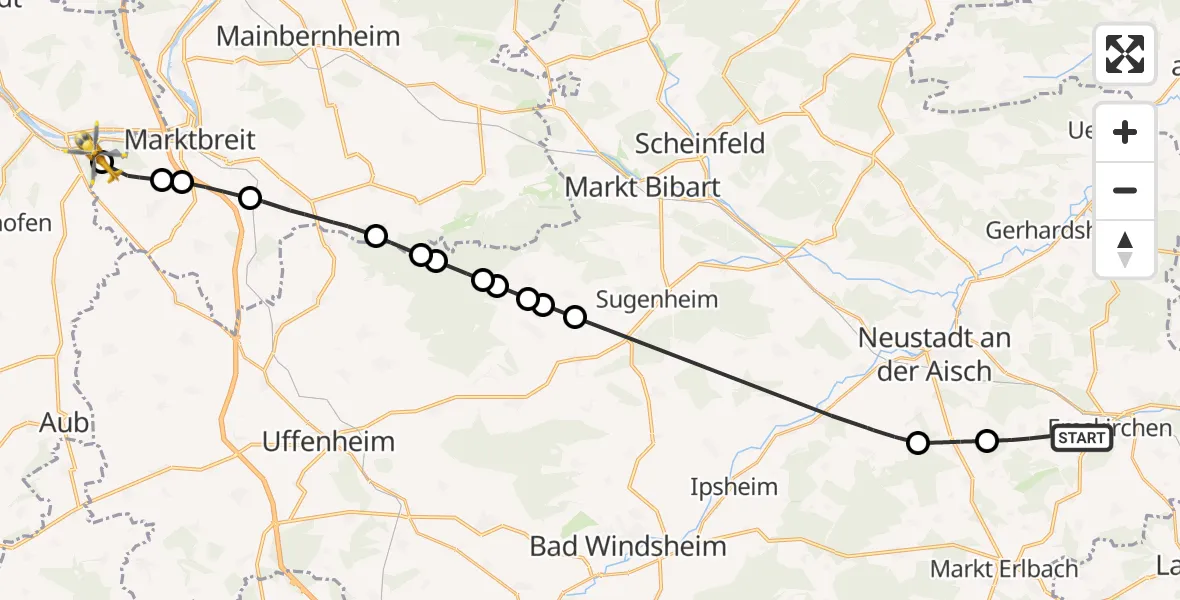 Flugroute Rettungshubschrauber Emskirchen - Ochsenfurt Hospital, 21 August 2026, 10:29