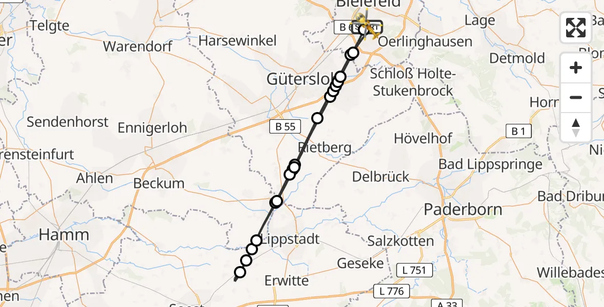 Flugroute Rettungshubschrauber Luftrettungszentrum Bielefeld - Luftrettungszentrum Bielefeld, 21 August 2026, 10:30