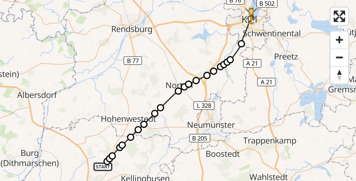 Flugroute Rettungshubschrauber Hohenaspe - Kiel, 21 August 2026, 10:36